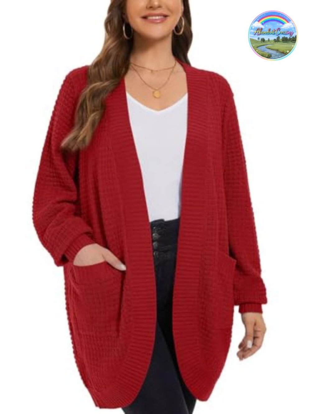 Plus Size Open Front Cardigan Long Sleeve Waffle Knit Loose Fit with Pockets